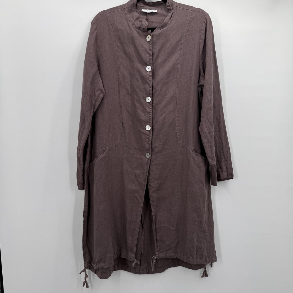 Bryn‎ Walker Linen Coat Womens Small Purple Long Collarless Button Front Pockets